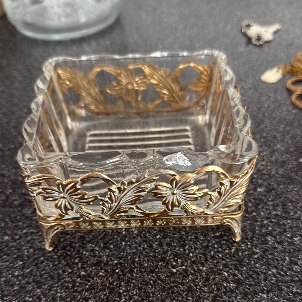 Vintage Gold Filigree  Vanity Trinket Box Jewelry Dish Footed Floral Hollywood
